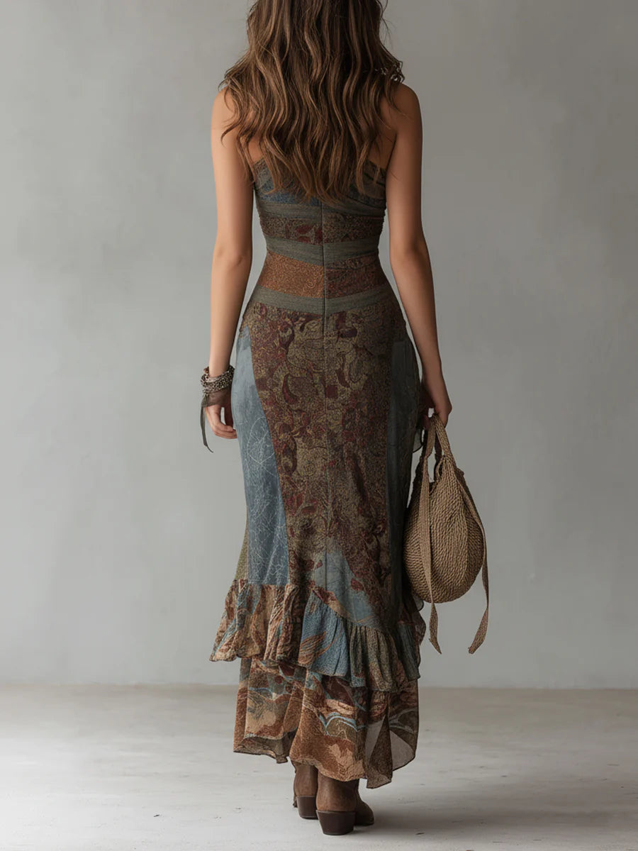 Elena - Robe maxi asymétrique à une épaule avec motif ethnique et fente haute Henri Lyon