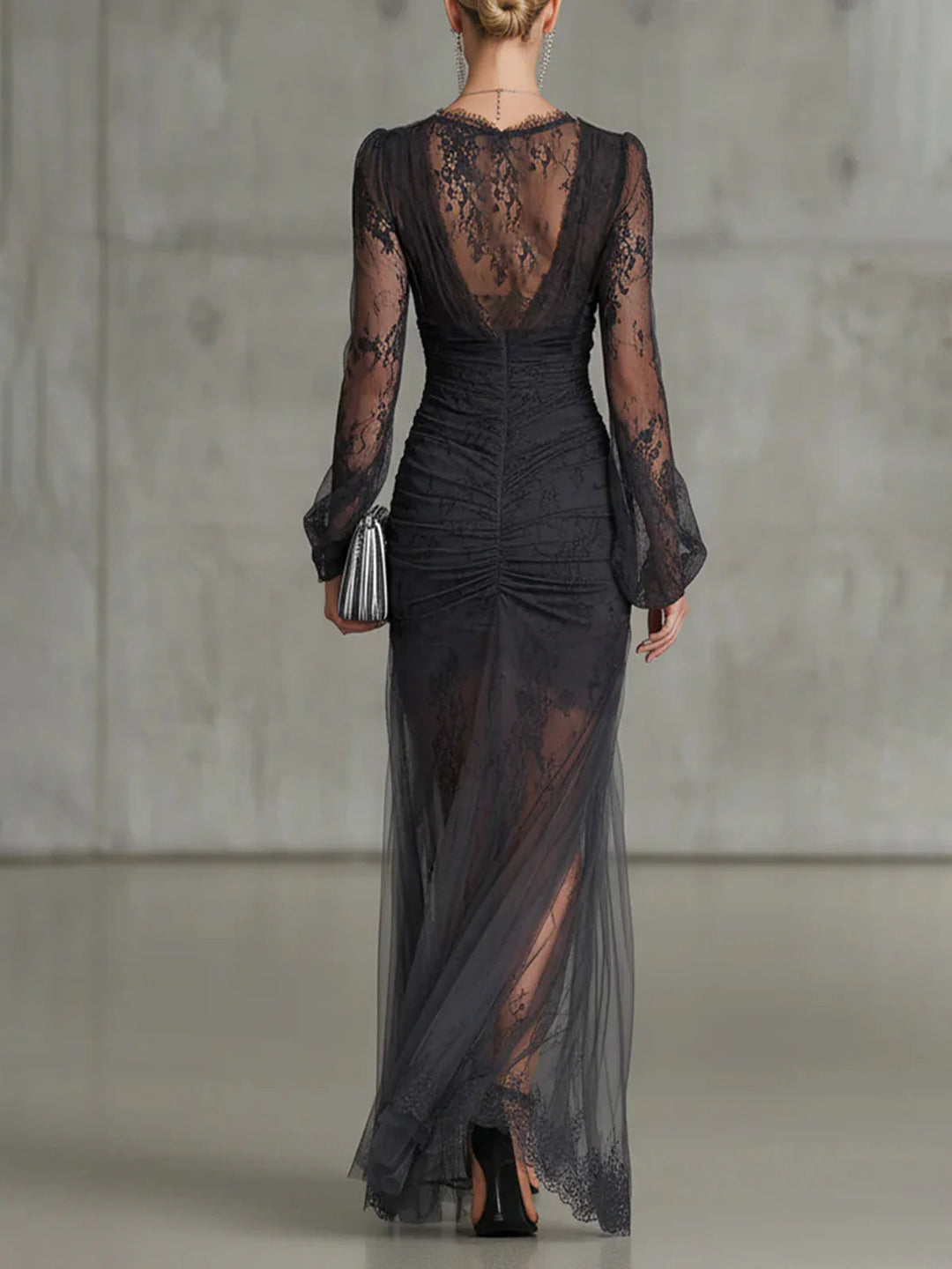 Sofia | Robe Maxi Froncée en Dentelle Gris Foncé Henri Lyon