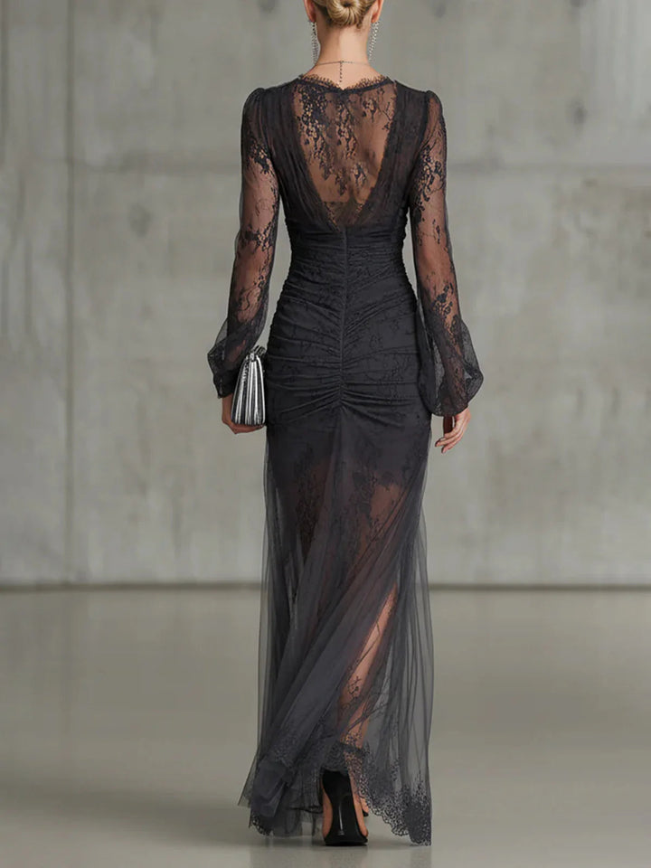 Sofia | Robe Maxi Froncée en Dentelle Gris Foncé Henri Lyon