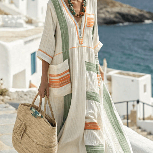 Robe Caftan "Diane" avec Rayures Vertes et Oranges Henri Lyon