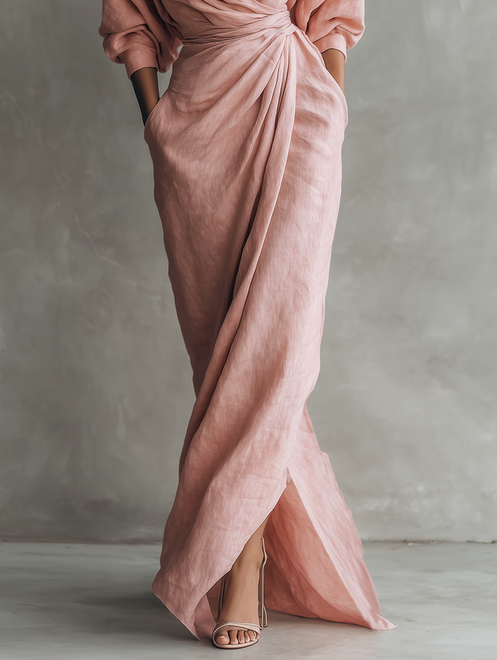 Robe longue rose minimaliste à décolleté en V en mélange de lin pour femmes Henri Lyon