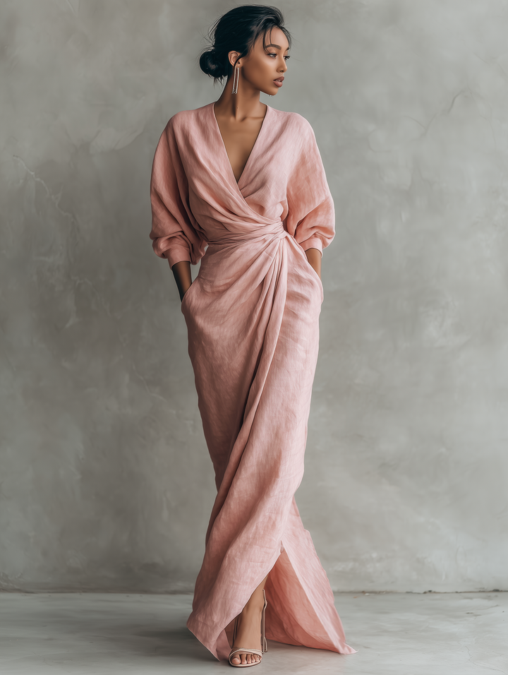 Robe longue rose minimaliste à décolleté en V en mélange de lin pour femmes Henri Lyon