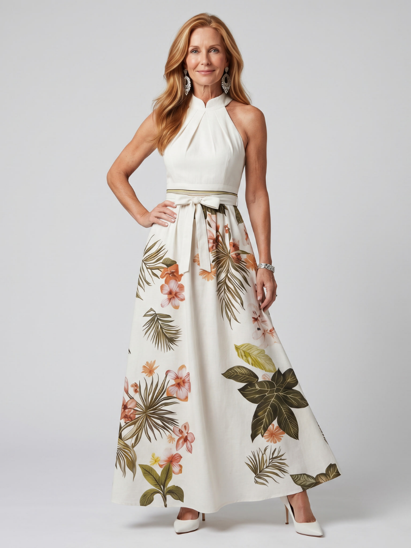 Prairie - Robe maxi à panneaux botaniques et col halter drapé Henri Lyon