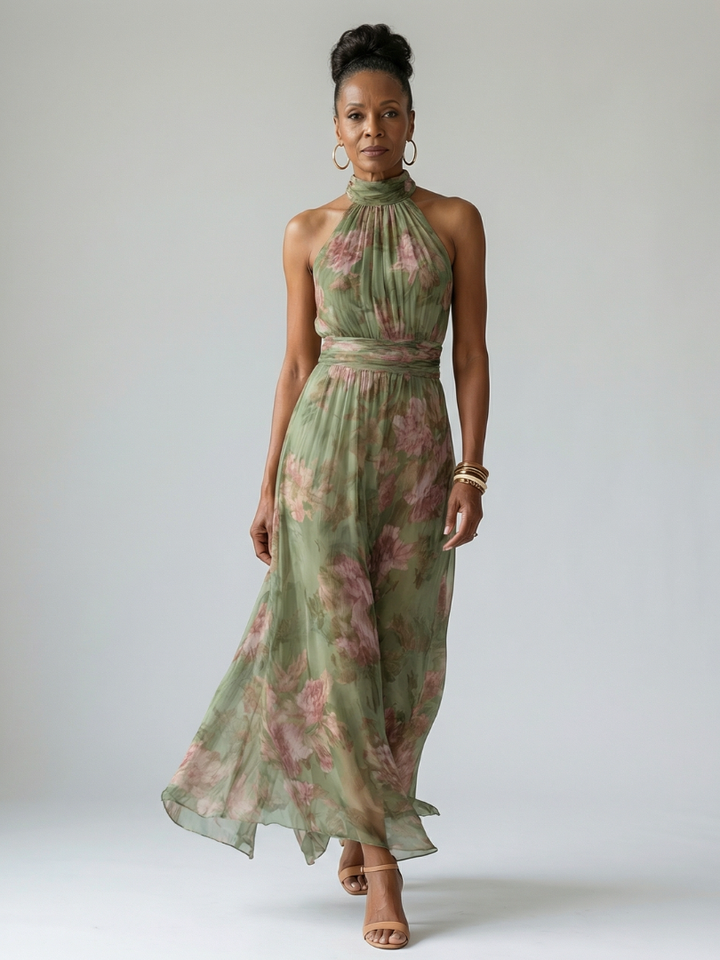 Mireille - Robe Midi à Encolure Halter Froncée Henri Lyon