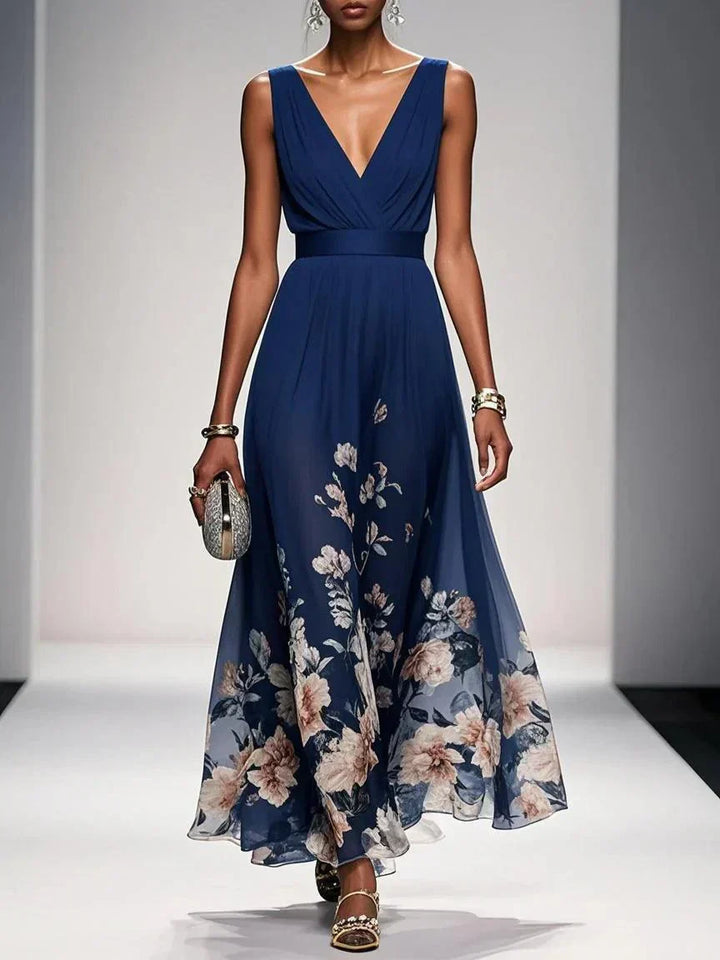 Rosa | Robe Maxi en Chiffon avec Fleurs Bleu Clair et Décolleté en V Henri Lyon