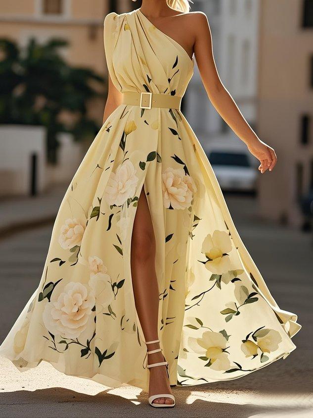 Julie | Robe Maxi Chiffon Florale à Épaules Dégagées Vert Clair Henri Lyon