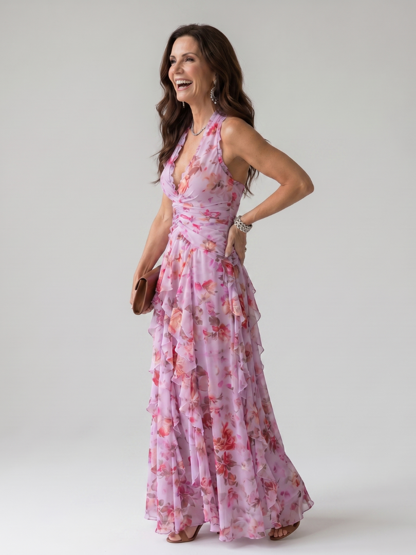 Nori - Robe Maxi Fleurie à Encolure Halter et Bodice Froncé Henri Lyon