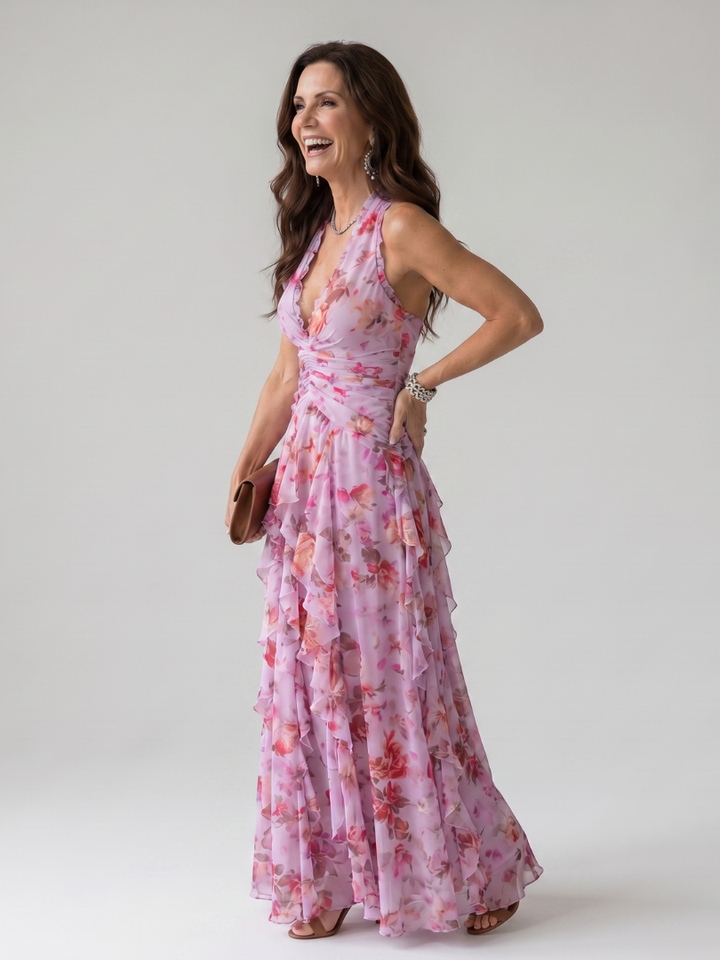 Nori - Robe Maxi Fleurie à Encolure Halter et Bodice Froncé Henri Lyon