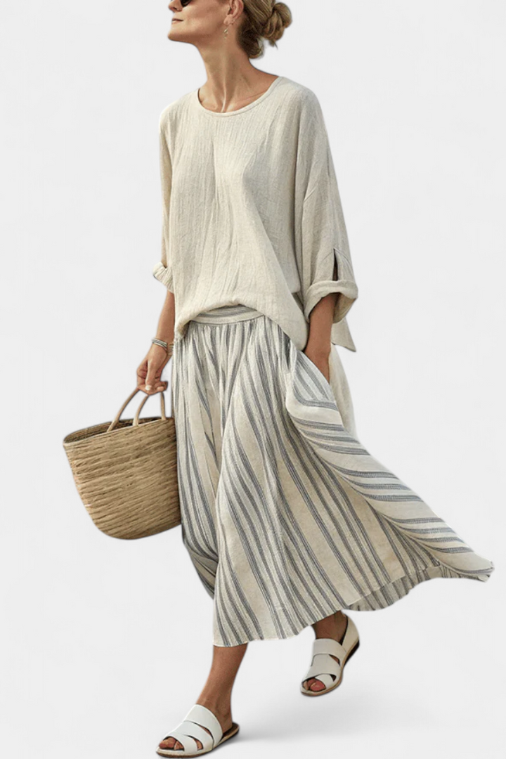Aurcyn | Blouse Loose Confortable & Jupe Midi Rayée Henri Lyon