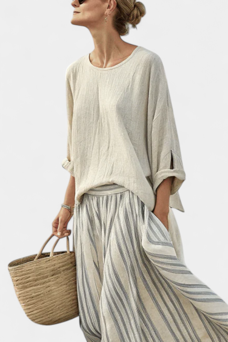 Aurcyn | Blouse Loose Confortable & Jupe Midi Rayée Henri Lyon