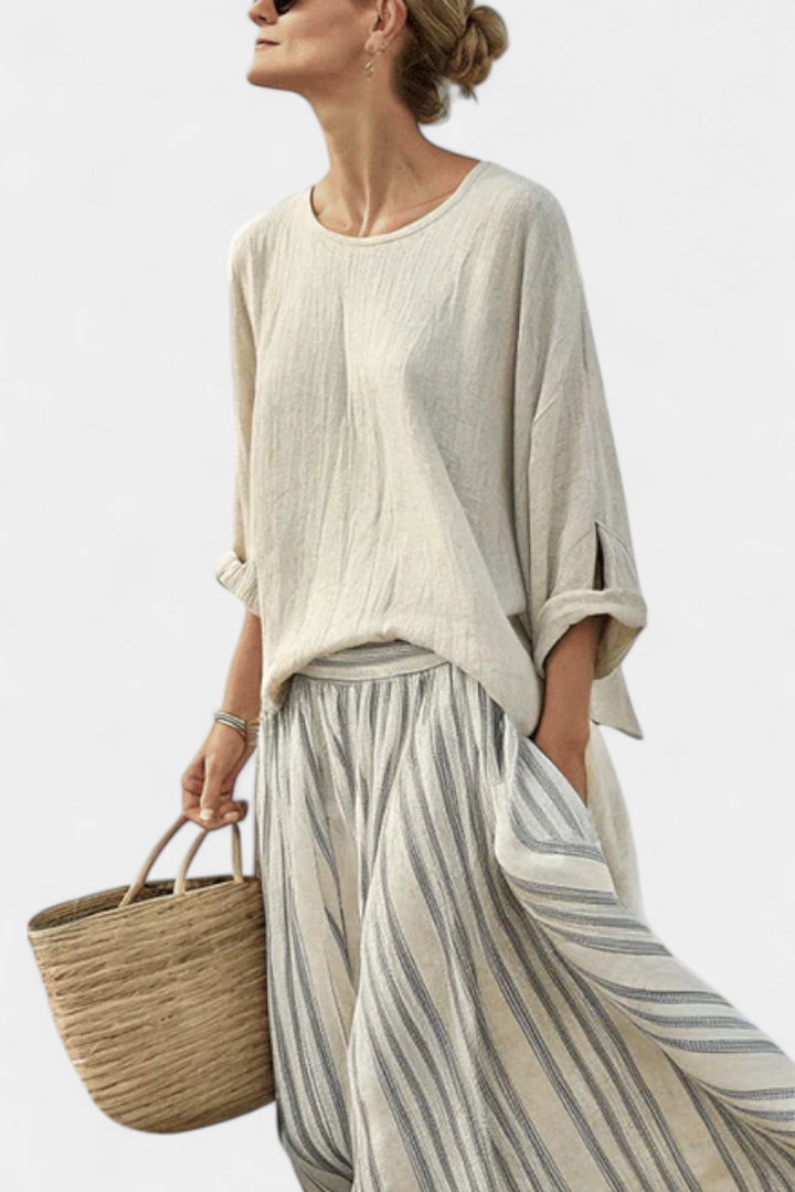 Aurcyn | Blouse Loose Confortable & Jupe Midi Rayée Henri Lyon