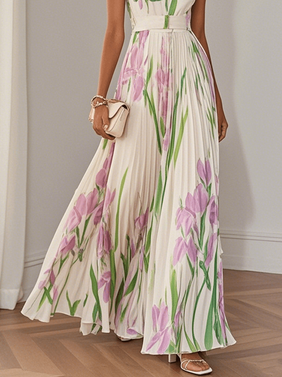 Marie | Robe Maxi Chiffon Florale Plissée Blanche Henri Lyon