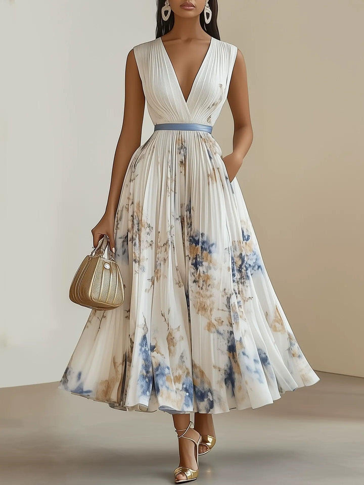 Chloé | Robe midi plissée en chiffon floral blanc avec décolleté en V Henri Lyon