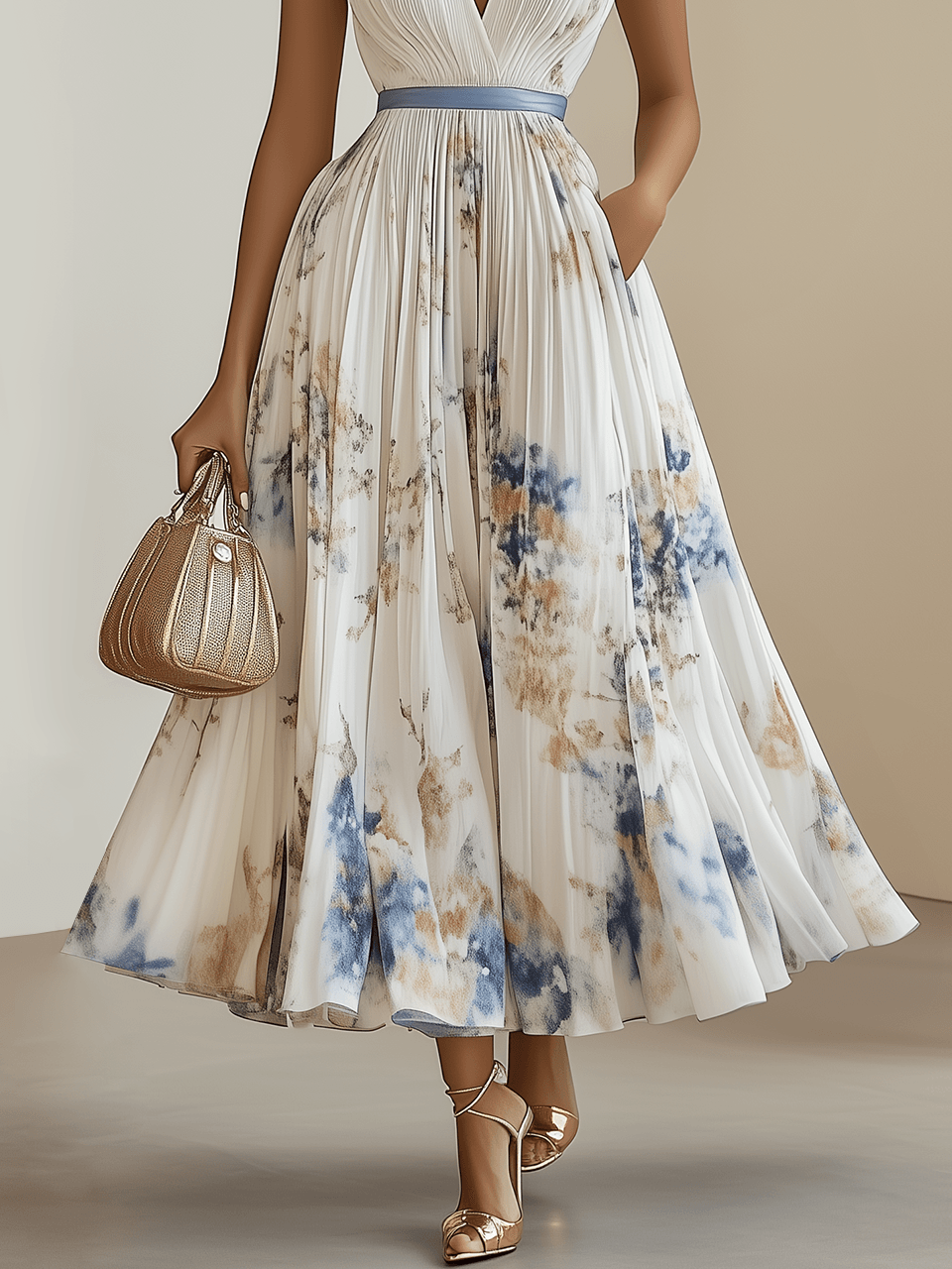 Chloé | Robe midi plissée en chiffon floral blanc avec décolleté en V Henri Lyon