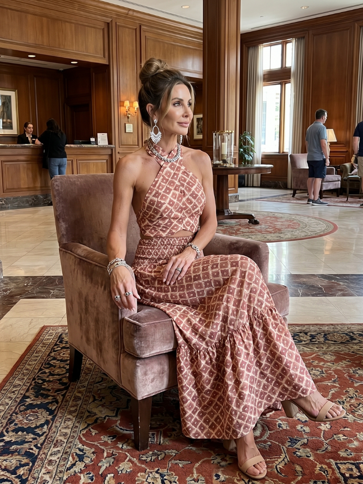 Amira - Robe Midi Découpée Imprimé Géométrique à Encolure Croisée Henri Lyon