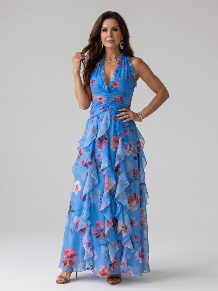 Nori - Robe Maxi Fleurie à Encolure Halter et Bodice Froncé Henri Lyon