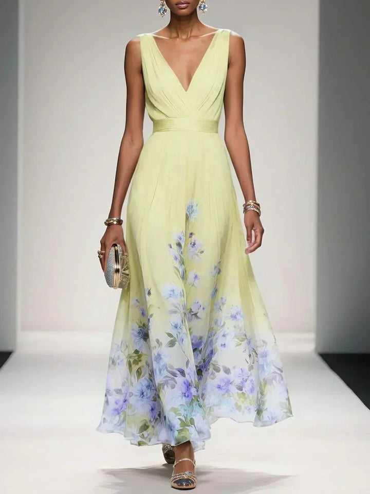 Rosa | Robe Maxi en Chiffon avec Fleurs Bleu Clair et Décolleté en V Henri Lyon
