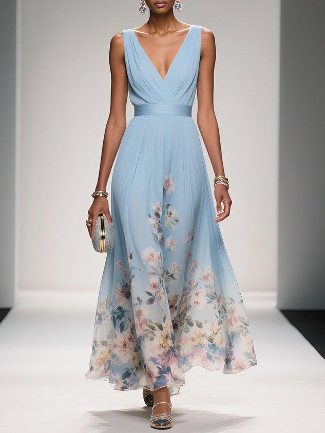 Rosa | Robe Maxi en Chiffon avec Fleurs Bleu Clair et Décolleté en V Henri Lyon