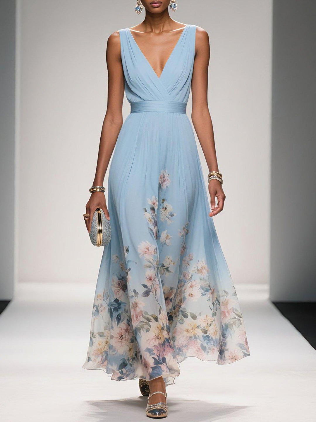 Rosa | Robe Maxi en Chiffon avec Fleurs Bleu Clair et Décolleté en V Henri Lyon