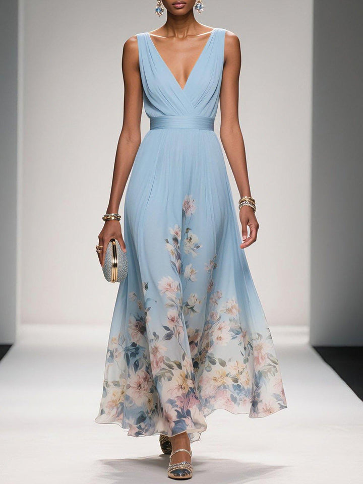Rosa | Robe Maxi en Chiffon avec Fleurs Bleu Clair et Décolleté en V Henri Lyon
