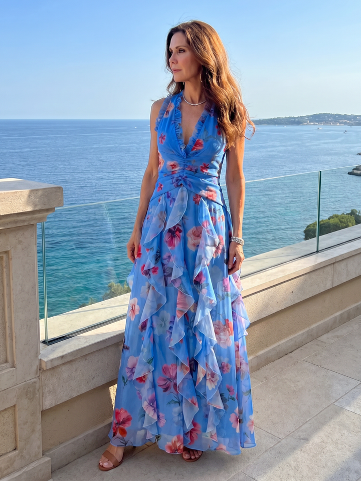 Nori - Robe Maxi Fleurie à Encolure Halter et Bodice Froncé Henri Lyon