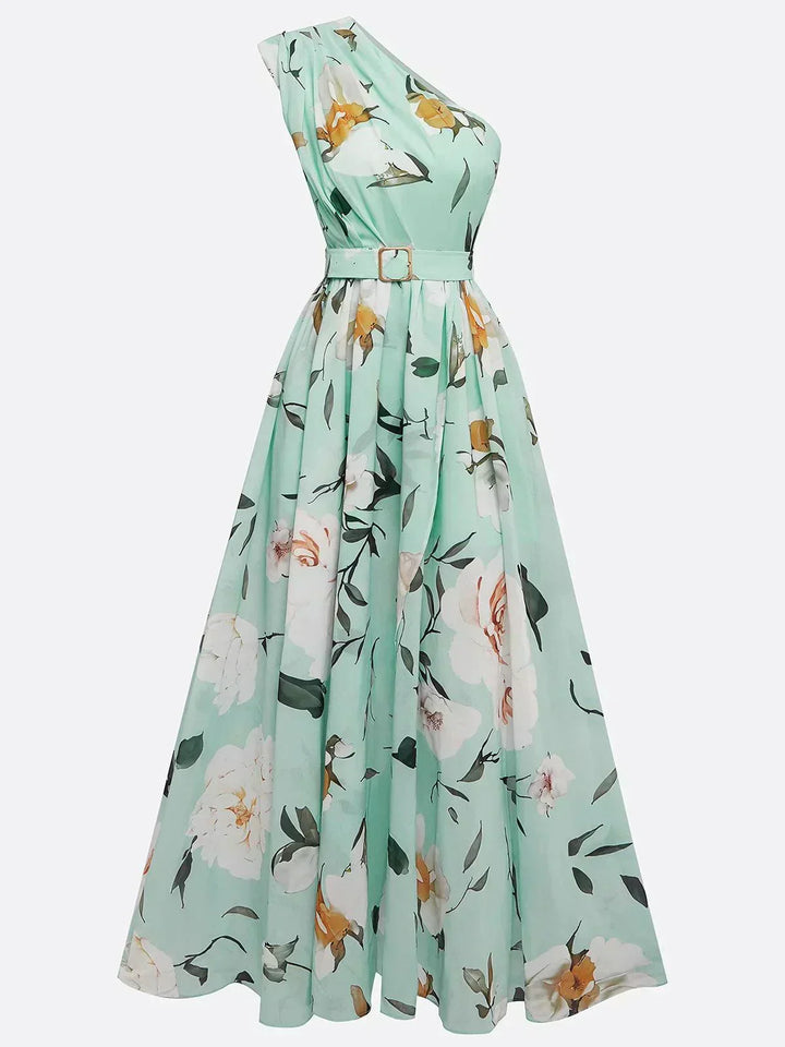 Julie | Robe Maxi Chiffon Florale à Épaules Dégagées Vert Clair Henri Lyon