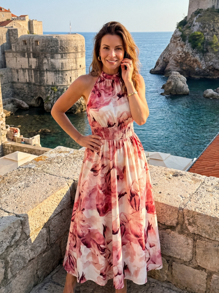 Olivia - Robe Midi Imprimé Abstrait à Taille Froncée Henri Lyon