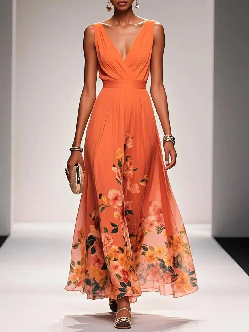 Rosa | Robe Maxi en Chiffon avec Fleurs Bleu Clair et Décolleté en V Henri Lyon