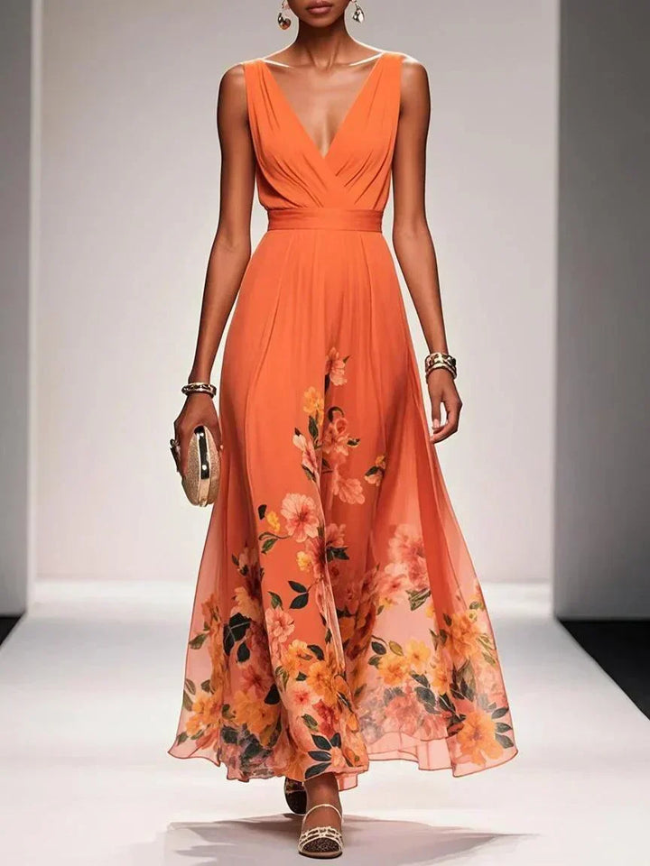 Rosa | Robe Maxi en Chiffon avec Fleurs Bleu Clair et Décolleté en V Henri Lyon