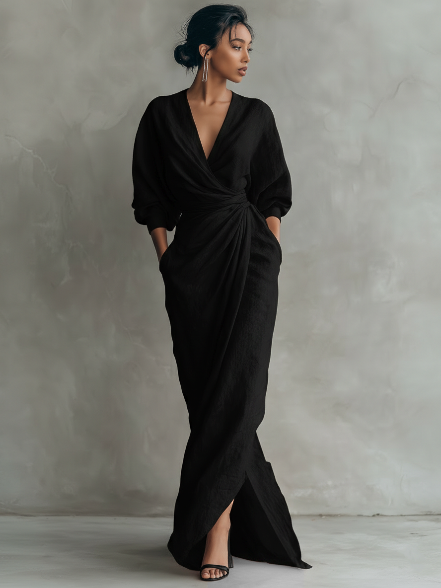 Robe longue rose minimaliste à décolleté en V en mélange de lin pour femmes Henri Lyon