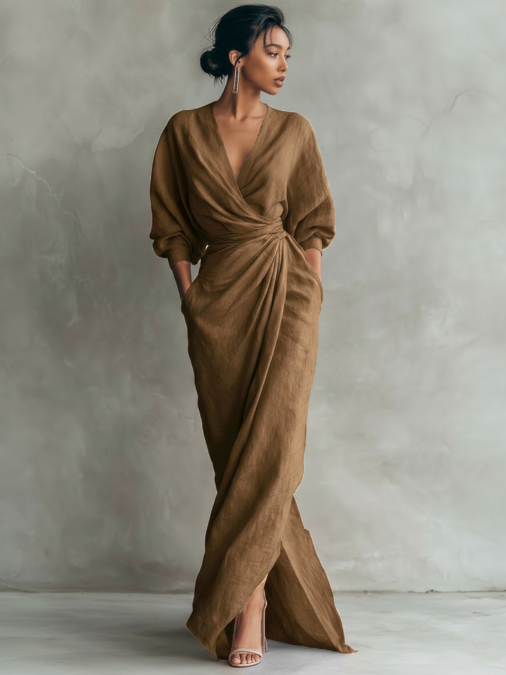 Robe longue rose minimaliste à décolleté en V en mélange de lin pour femmes Henri Lyon