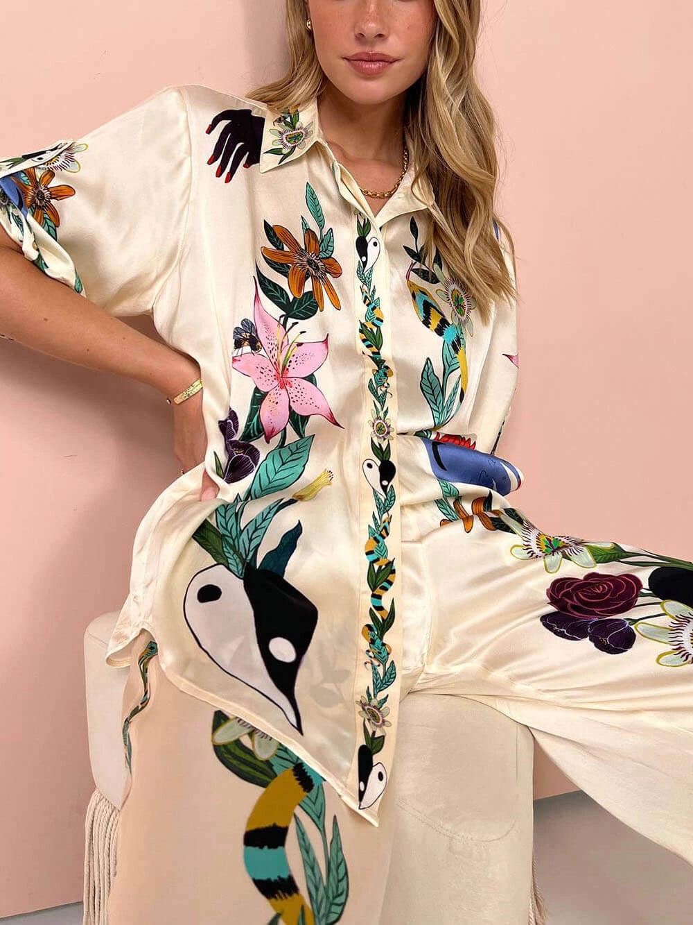 Nika | Ensemble chemise et pantalons en satin avec imprimé unique, style Resort Henri Lyon