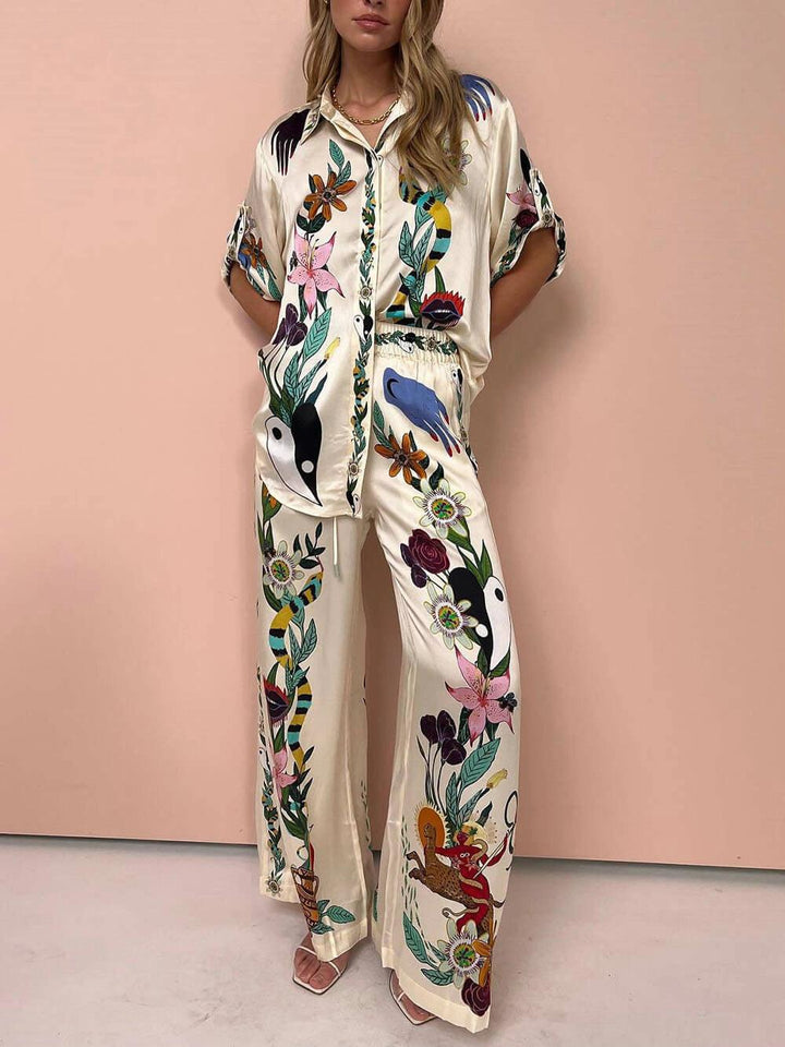 Nika | Ensemble chemise et pantalons en satin avec imprimé unique, style Resort Henri Lyon