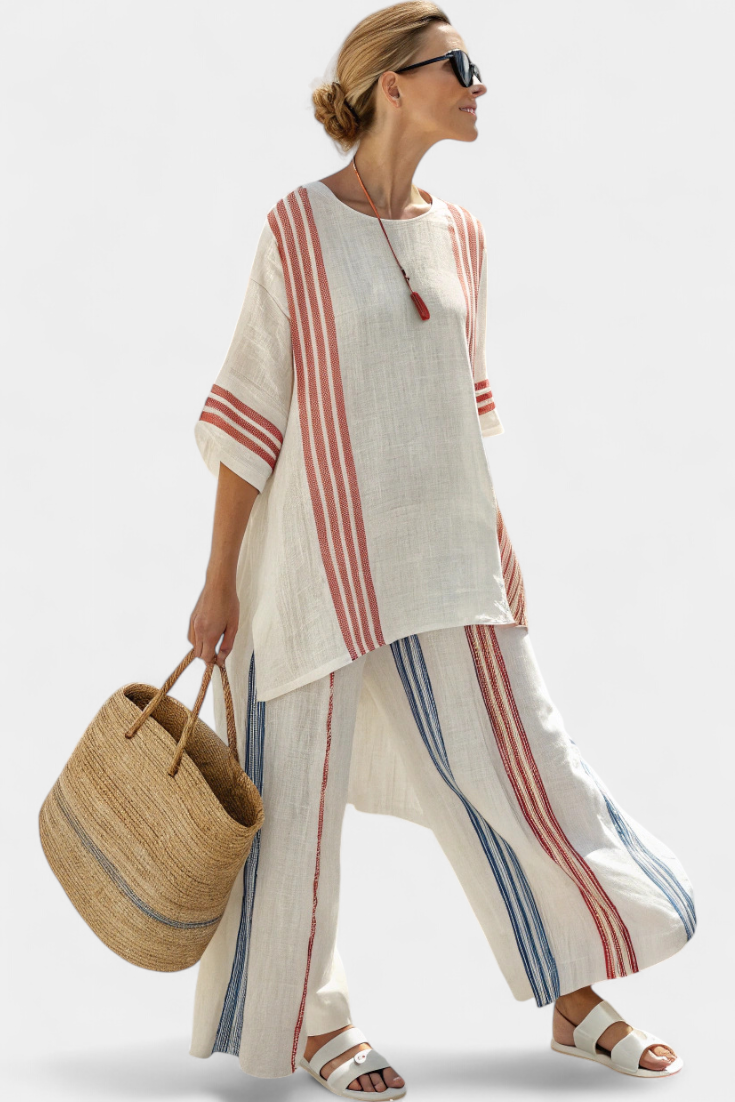 Solvane | Haut à Rayures Multicolores Sophistiqué & Pantalon Méditerranéen Henri Lyon