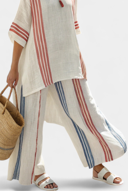 Solvane | Haut à Rayures Multicolores Sophistiqué & Pantalon Méditerranéen Henri Lyon