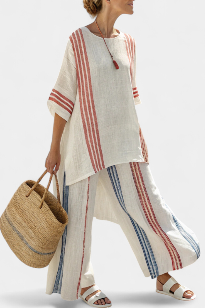 Solvane | Haut à Rayures Multicolores Sophistiqué & Pantalon Méditerranéen Henri Lyon
