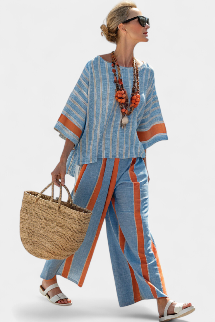 Velmere | Haut en Terracotta Rayé Sophistiqué & Pantalons en Lin Henri Lyon
