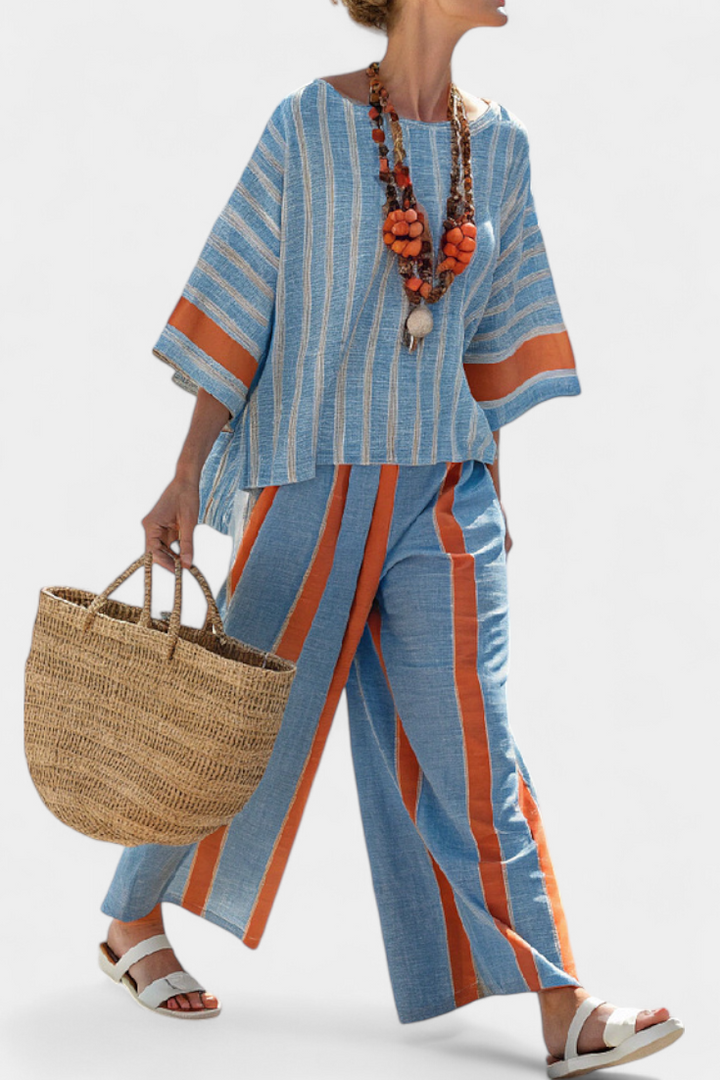 Velmere | Haut en Terracotta Rayé Sophistiqué & Pantalons en Lin Henri Lyon