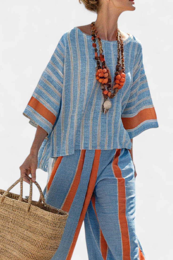 Velmere | Haut en Terracotta Rayé Sophistiqué & Pantalons en Lin Henri Lyon