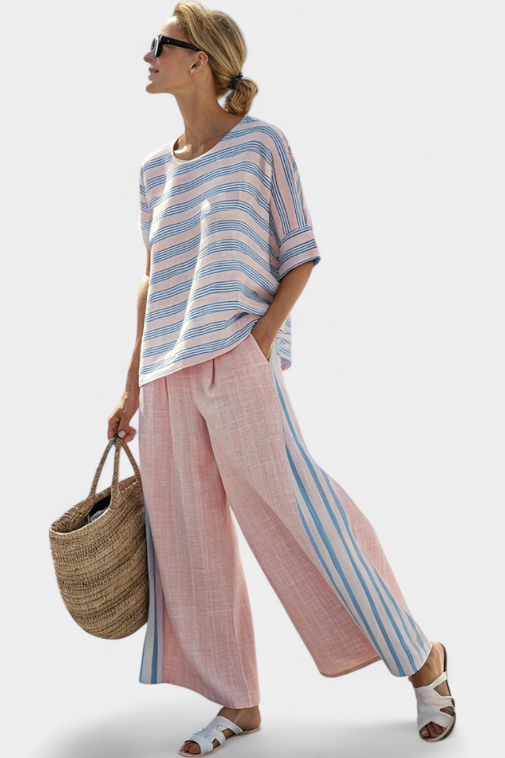 Virella | Blouse en Lin Élégante Rose-Bleu & Pantalons Doux Henri Lyon