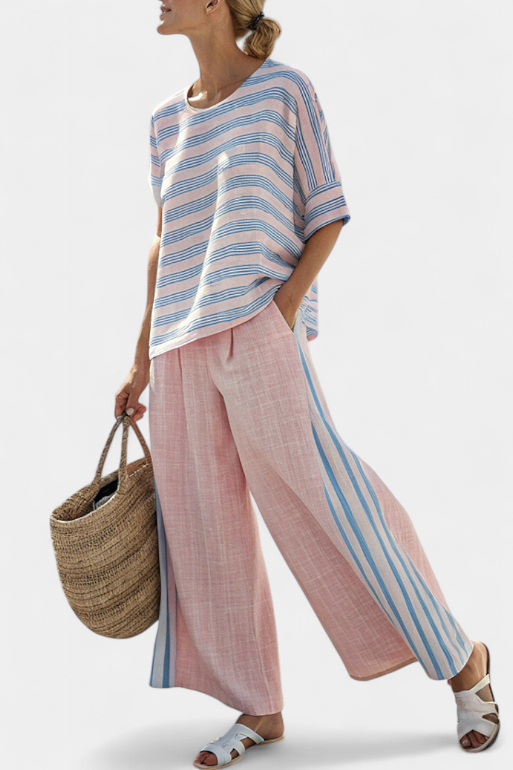 Virella | Blouse en Lin Élégante Rose-Bleu & Pantalons Doux Henri Lyon