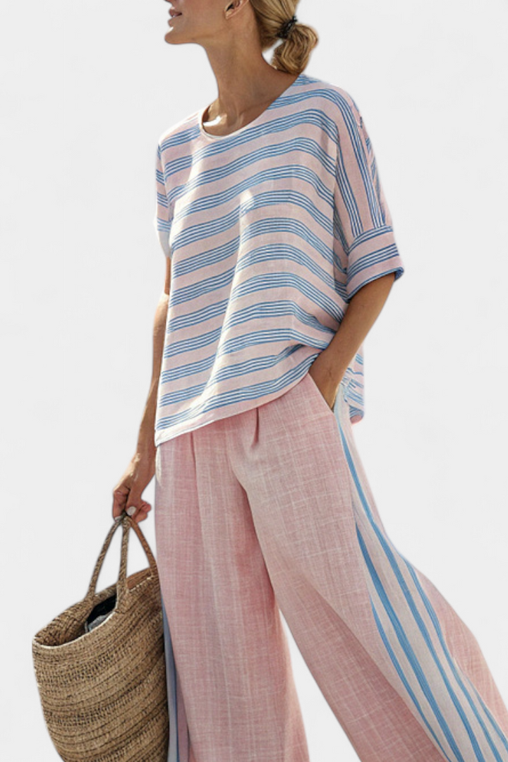 Virella | Blouse en Lin Élégante Rose-Bleu & Pantalons Doux Henri Lyon