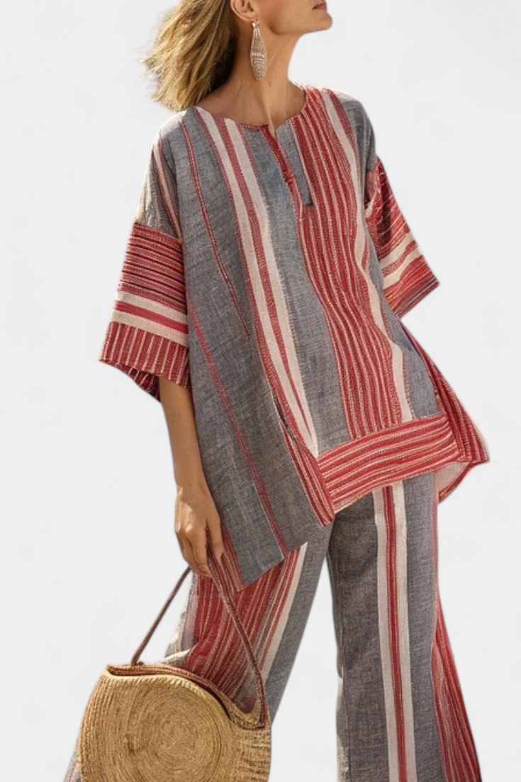 Bravine | Haut en lin élégant corail-gris et pantalon à jambes larges Henri Lyon
