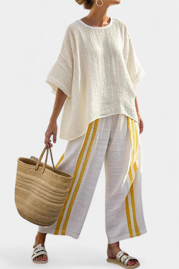 Anselor | Haut en Lin Rayé Jaune Élégant & Pantalons à Jambes Larges Henri Lyon