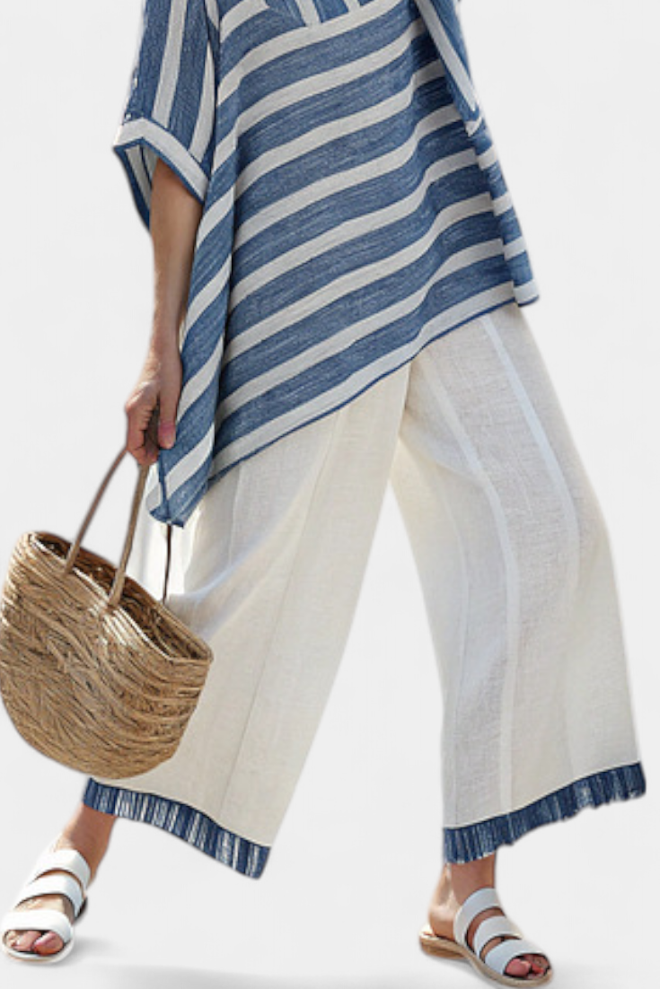 Corvielle | Haut Rayé Bleu Sophistiqué & Pantalon Détail Ourlet Henri Lyon