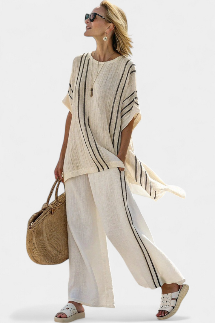 Greysen | Blouse en Lin Ivoire Élégante & Pantalons Rayés Noirs Henri Lyon