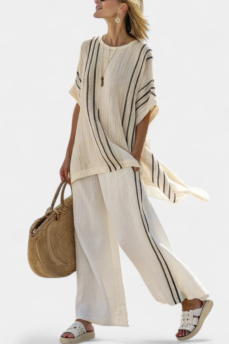 Greysen | Blouse en Lin Ivoire Élégante & Pantalons Rayés Noirs Henri Lyon
