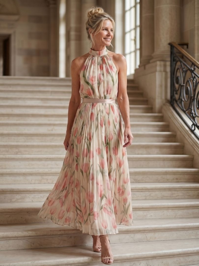 Aurelle - Robe Midi Fleurie à Col Halter Henri Lyon