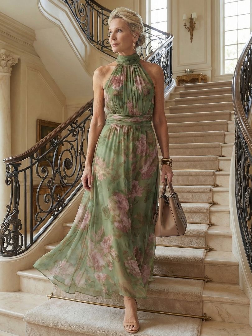 Mireille - Robe Midi à Encolure Halter Froncée Henri Lyon