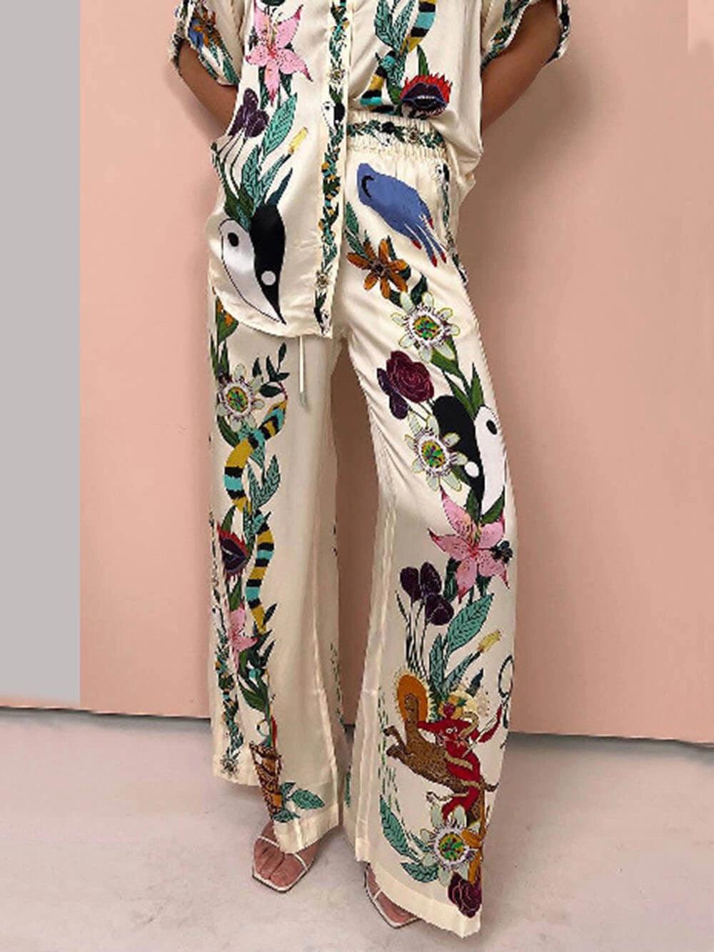 Nika | Ensemble chemise et pantalons en satin avec imprimé unique, style Resort Henri Lyon